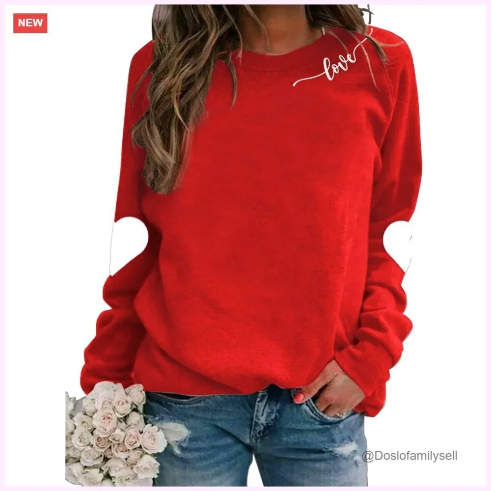 Valentine Heart Sweatshirt Long Sleeve Round Neck Pullover Casual Chic Top